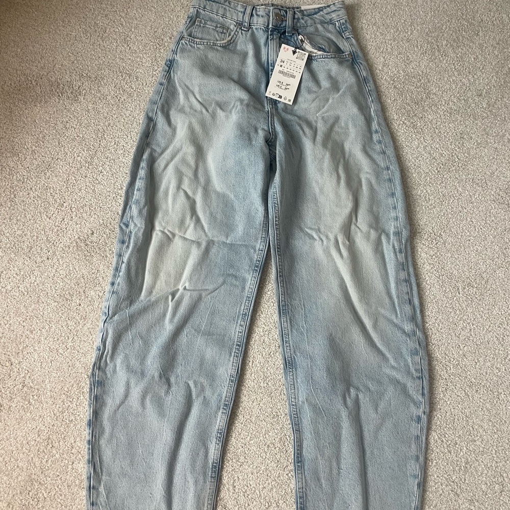 Zara High Rise Barrel Light Blue Jeans